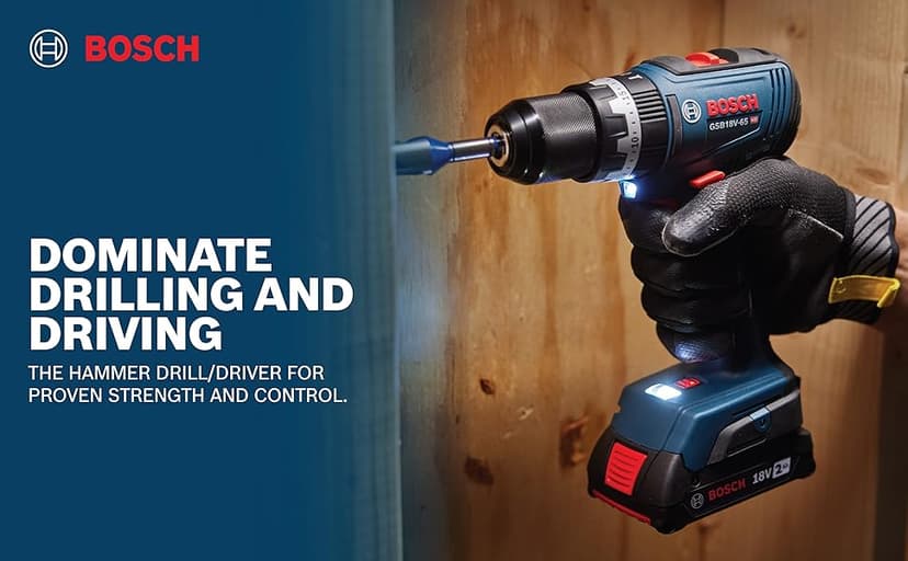 BOSCH GSB18V-65N 1/2 In. Brushless Hammer Drill/Driver - 575 In.-Lbs. Max Torque, Switchable KickBack Control, Rapid Mode Selector, Dual LED Worklights, All-Metal Chuck (Bare Tool)
