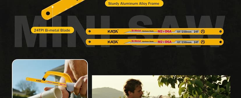 KATA Hacksaw, Compact Hand Operating Hack Saw with 10 Inch Aluminum Frame and 2 Piece Extra Flexible Bi-Metal HSS Blades, Suitable for Wood and Metal (Mini Hacksaw)