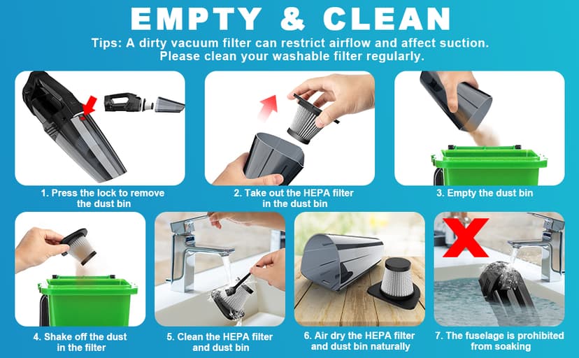 Handheld Vacuum Cordless Car Vacuum Portable with LED Light, High Power Suction, Lightweight Rechargeable Hand Vacuum, Hand Held Vacuum Cleaner for Car Home Office, Pet Hair, Black