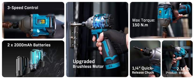 SEESII 16.8V Impact Driver Kit, 1/4" Hex Cordless Impact Driver Set & 2×2.0Ah Batteries, 150N.m Max Torque(1327 In-lbs) Brushless Power Impact Driver w/ 16Pcs Drill Bits, 0-3300RPM Variable Speed