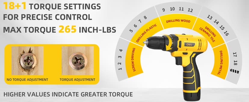 DELI 12V Cordless Drill Set, 2.0Ah Battery with Charger, 3/8'' Keyless Chuck, 18+1 Torque Settings, Electric Mini Drill for Home Improvement
