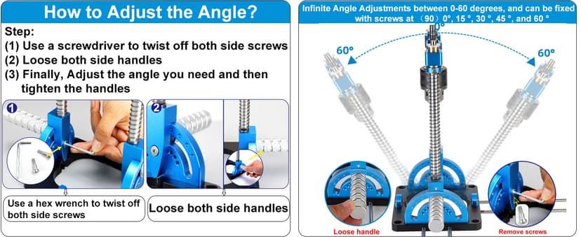 Portable Drill Guide, Multi Angle Drill Guide for Straight Holes, Self-Centering Pins, Drilling Jig w/Chuck & Key, Adjustable Angle from 0° to 60°, Chuck Clamping Range for 1/16-1/2" (1.5-13mm)