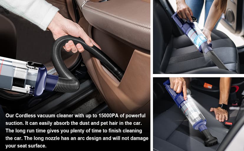 Handheld Vacuum Cordless - Car Vacuum Cleaner with Brushless Motor, 15000Pa Strong Suction with LED Light, Type C Cable, 2 Fliters, Portable Hand Vacuum for Car, Home, and Office