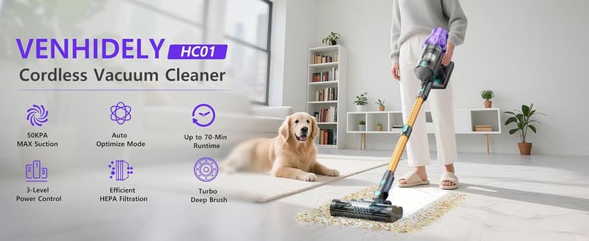 Cordless Vacuum Cleaner, 50KPA/70Mins Vacuum Cleaners for Home with Auto Dust Detection/LED Touch Display, Stick Vacuum Cordless Rechargeable, Pet Vacuum for Pet Hair,Hardwood Floor,Carpet