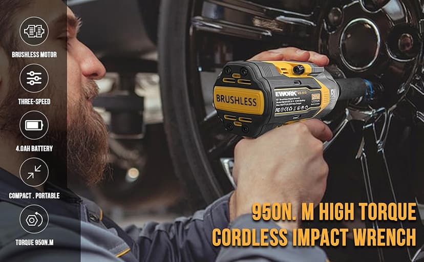 EWORK Cordless Impact Wrench 1/2 inch 21V Brushless High Torque Impact Gun Max 700 Ft-lbs Power Impact Wrenches with 4.0Ah Li-ion Battery, Fast Charger, 5 Sockets, Tool Bag (RB-810)