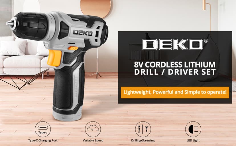 DEKOPRO 8V Cordless Drill, Drill Set with 3/8"Keyless Chuck, 42pcs Acessories, Built-in LED, Type-C Charge Cable, Gray Power Drill for Drilling and Tightening/Loosening Screws