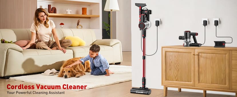 Cordless Vacuum Cleaner, 8-in-1 Vacuum Cleaners for Home, 45Mins Runtime, Anti-Tangle Stick Vacuum with LED Display, Rechargeable Lightweight Vacuum for Pet Hair/Carpet/Floor (Red)