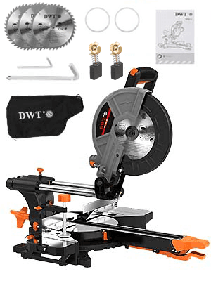 DWT Sliding Compound Miter Saw with 3 Blades, 15A 10", Double Speed (4500 RPM & 3200 RPM), Bevel Cut (0°-45°) with Laser, Extension Table, Iron Blade Guard, Cutting Wood, PVC or Soft Metal