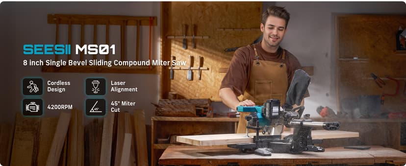 SEESII Sliding Compound Miter Saw: Cordless Power Miter Saw with Laser Guide 8-Inch, 2 * 5000 mAh Batteries, Single Bevel 45°, 24T TCT Blade, Max Cut 2.5×12-inch, Ideal for DIY & Woodworking