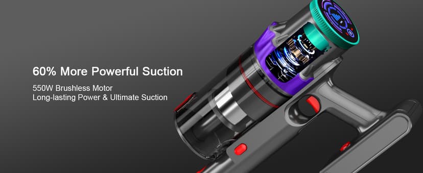 Cordless Vacuum Cleaner, 550W 48kPa 60 Mins Runtime Vacuum Cleaners for Home, Stick Vacuum with Intelligent Display, Rechargeable Battery and Anti-Tangle Brush, Perfect for Pet Hair/Carpet/Floors
