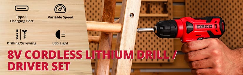 DEKOPRO Drill Set: Tool Set with 8V Red Cordless Drill, Home Tool Kit with Drill, Hand Tool Kits for Women 126 Piece