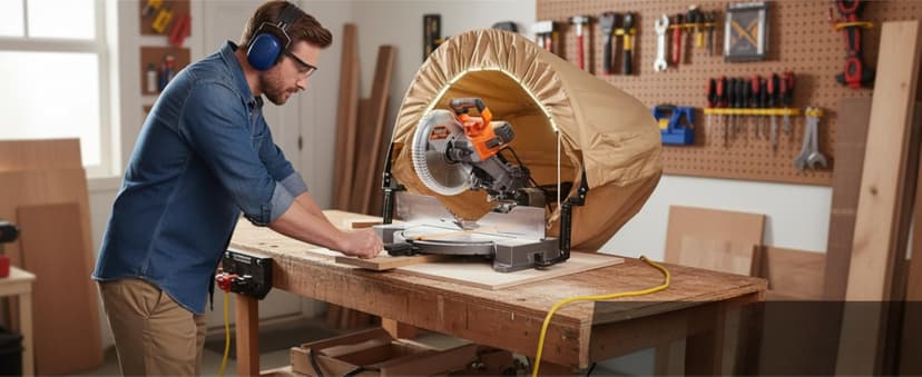 Miter Saw Dust Collection Hood with Light, Dust Solution for Miter Saws, Dust Collector, Accessory Holes, Universal Fit, Storage Bag - Khaki