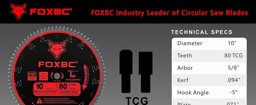 FOXBC 10-Inch Saw Blade 80-Tooth TCG for Aluminum and Non-Ferrous Metal & Plastic Cutting with 5/8-Inch Arbor