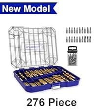 276pc Titanium Twist Drill Bit Set with S2 Bits 135° Tip High Speed Steel, Size from 1/16" up to 1/2", Ideal in Wood Cast Iron Aluminum Alloy Plastic Fiberglass, Clear Lid Case