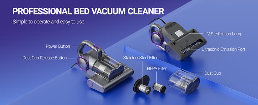 FEPPO Mattress Vacuum Cleaner, 16Kpa Bed Vacuum Cleaner with 253.7nm UV-C Light, 140°F Heat, HEPA Filter & Ultrasonic, Versatile Handheld Vacuums for Bed, Sofa, Couch, Crib(Corded, 500W)