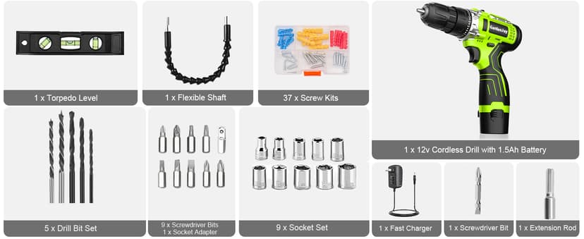 GardenJoy Cordless Power Drill Set: 12V Electric Drill with Battery and Charger, 65pcs Acessories, 3/8"Keyless Chuck, 2 Variable Speed, 24+1 Position, Compact Drill Driver Kit for Home & DIY Project