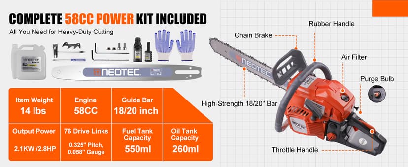 58CC Gas Chainsaw 18 Inch 20 Inch, Gas Powered Chain Saw with Ergonomic Handheld Petrol Gasoline Chain Saw, 2-Cycle Gas Engine Chainsaw for Tree Wood Firewood Outdoor Cutting