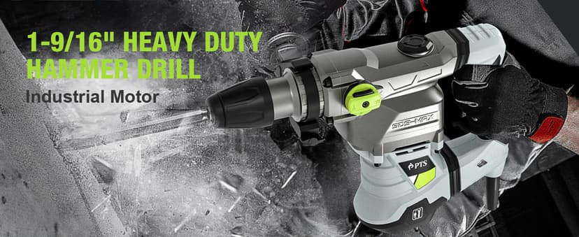 PTS 1-9/16 Inch SDS-Max Rotary Hammer, 13.5 Amp Heavy Duty 3 Functions Corded Concrete Demolition Hammer, w/Vibration Control & Safety Clutch, Includes Drill Bits, Chisels, Carrying Case (Green)