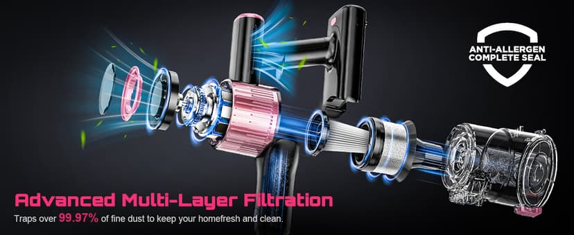 Cordless Vacuum Cleaner, 10 in 1 Stick Vacuum with Powerful Suction, Hose, Green LED Light, Anti-Tangle Brush, Lightweight Rechargeable Vacuum Cleaner for Home, Hardwood Floors, Carpets, Pet Hair,Pink