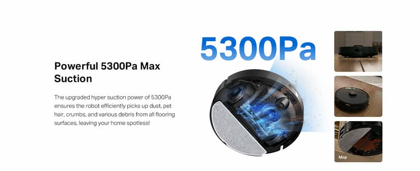 Tapo LiDAR Smart Navigation Robot Vacuum and Mop, 5300Pa Max, 97%+ Dust Pickup Rate, Customizable Cleaning, Self-Charging, Works w/Alexa & Google Home, RV30 Max