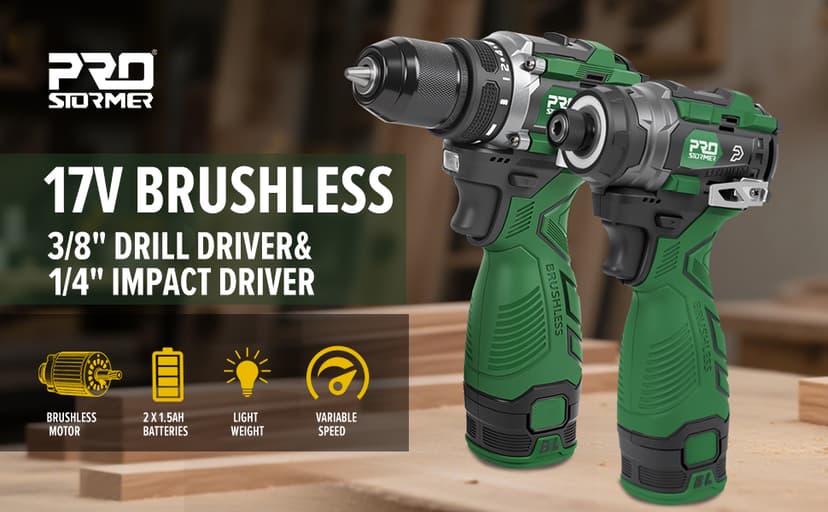 Prostormer Cordless Drill and Impact Driver Set, 17V Brushless Power Tool Kit Included 3/8” Drill & 1/4” Impact Driver with 2 Batteries, Charger, 23pcs Bits and Tool Case