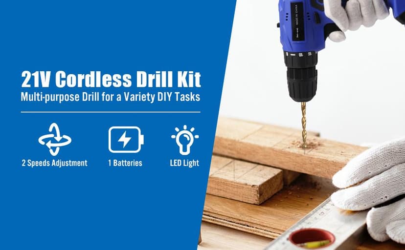 jar-owl 21V Tool Set with Drill, 350 in-lb Torque, 0-1350RMP Variable Speed, 10MM 3/8'' Keyless Chuck, 18+1 Clutch, 1.5Ah Li-Ion Battery & Charger for Home Tool Kit