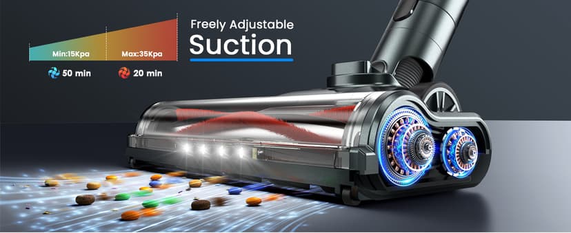 Cordless Vacuum Cleaner, 350W 35KPA 100Mins Runtime Powerful Stick Vacuum for home with Self-Standing, Touch Screen, Rechargeable Handheld Vacuum for Home/Pet Hair/Carpets/Hard Floors(2 Batteries)