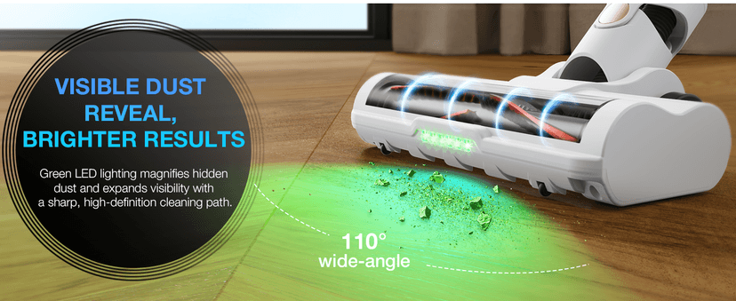 Cordless Stick Vacuum Cleaner for Home, Lightweight Rechargeable Vacuum with 55min Runtime, Powerful Suction, Green LED Headlight, 9-in-1 Pet Hair Carpet & Hardwood Floor Cleaner