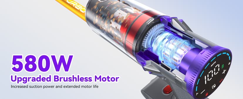 Coovy Cordless Vacuum Cleaner SU7, 580W 45Kpa 70 Minutes Runtime Stick Vacuum with Touch Screen, Anti-Tangle Wireless Powerful Lightweight Vac for Home Pet Hair Carpet Hardwood, Gold