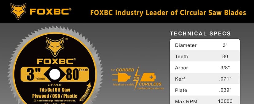 FOXBC 3 Inch 80T Circular Saw Blade Cutting for Plywood, OSB, Veneer, Plastic with 3/8" Arbor - 5 Pack