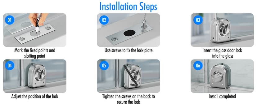 Ranbo Frameless Glass Door Floor Lock, Clamp-On No-Drill, 304 Stainless Steel, Fits 3/8"–1/2" (10–12 mm) Swing/Sliding Doors — Ideal for Office, Entrance,Storefront,Top or Bottom Mount,Brushed Nickel