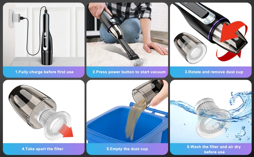 Handheld Vacuum Cordless - Car Vacuum with Brushless Motor & 14000Pa Powerful Suction, 1.2lbs Lightweight, LED Light, Slim Mini Vacuum Cleaner for Car Home Office Pet