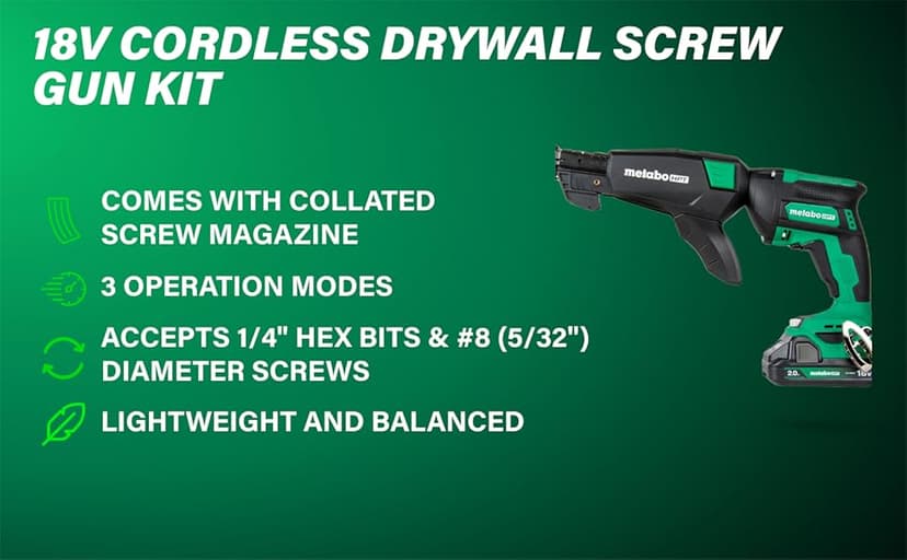 Metabo HPT 18V MultiVolt Cordless Drywall Screw Gun Kit, High-Speed Power Screwdriver with Collated Screw Magazine, 2.0Ah Lithium-Ion Battery and Charger, Lightweight Ergonomic Design, W18DAQB