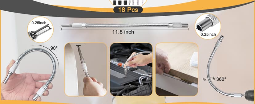 Guyuyii Flexible Drill Bit Extension and 2 Right Angle Drill Attachment Set – For DIY, Technicians and Homeowners, Ideal for Appliance Repair, Furniture and Plumbing, Compatible with Cordless Drills