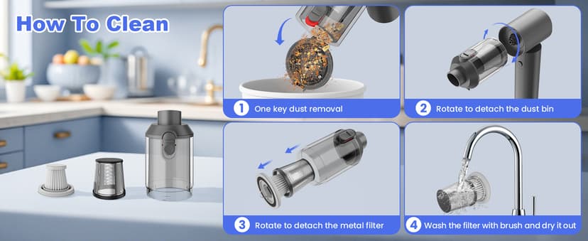 Car Vacuum Portable Cordless with 16000PA Ultra Suction 4-in-1 Foldable Air Duster & Brushless Motor Rechargeable Handheld Vacuum for Pet Hair, Car Seats, Home & Office Cleaning