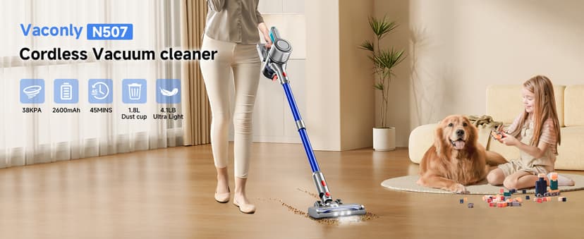 Cordless Vacuum Cleaner, 8 in 1 Powerful Stick Vacuum with 50Mins Rechargeable Battery, Vacuum Cleaners for Home Anti-Tangled Lightweight Handheld Vacuum for Hardwood Floor, Carpets, Pet Hair, Blue