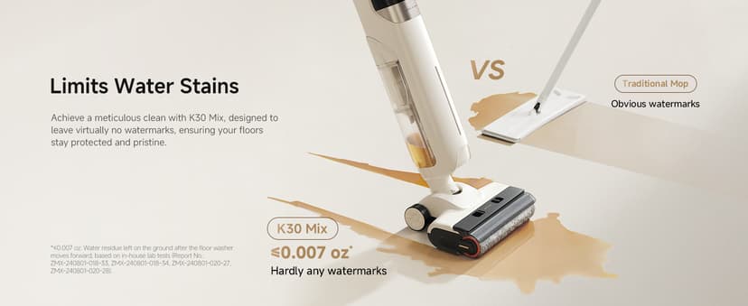 MOVA K30 Mix Wet Dry Vacuum Cleaner, 4-in-1 Cordless Vacuum for Multi-Surface, 180° Lie-Flat Reach, 30Min 140°F Hot Air Drying, 0in Dual Edge, Powerful 18000Pa Suction Floor Cleaner for Pet Hair