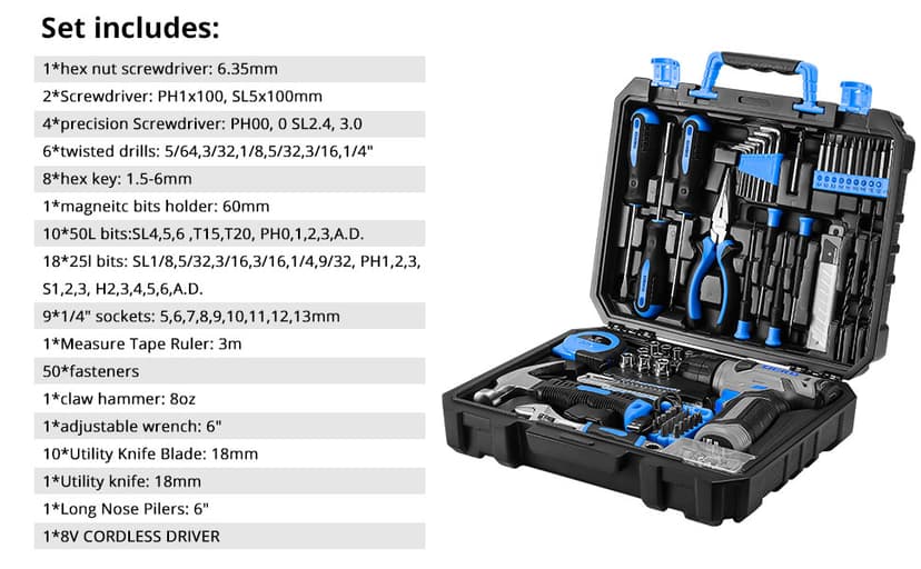 DEKOPRO Drill Set: Tool Set with 8V Blue Cordless Drill, Home Tool Kit with Drill, Hand Tool Kits for Men & Women 126 Piece
