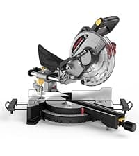 10-inch Sliding Compound Miter Saw, 5000RPM, 15 Amp, Single Bevel 0-45° with Extension Table, 36T Blade, Power Saw for Metal, Plastic, Wood, Laminates