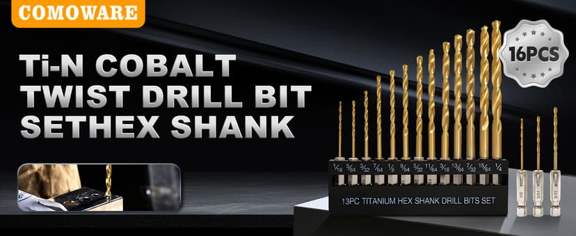 COMOWARE Titanium Twist Drill Bit Set - 16 Pcs Hex Shank High Speed Steel for Wood Plastic Aluminum Alloy, Quick Change, 1/16"-1/4"