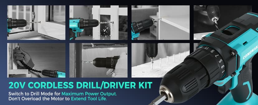 COMOWARE 20V Cordless Drill, Electric Power Drill Set with 1 Battery & Charger, 3/8” Keyless Chuck, 2 Variable Speed, 266 In-lb Torque, 25+1 Position and 34pcs Drill/Driver Bits