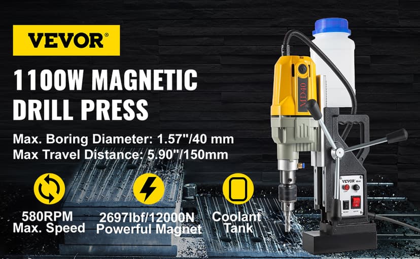 VEVOR Magnetic Drill, 1100W 1.57" Boring Diameter, 2697lbf/12000N Portable Electric Mag Drill Press with 12 Drilling Bits, 580 RPM Max Speed Drilling Machine for any Surface and Home Improvement