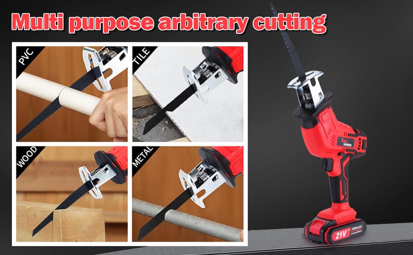 Cordless Reciprocating Saw | 21V 2000mAh * 2 Batteries, 3000RPM, 28mm Stroke Length, 4 Blades | Electric Power Reciprocating Saw for Wood/Metal/PVC Cutting