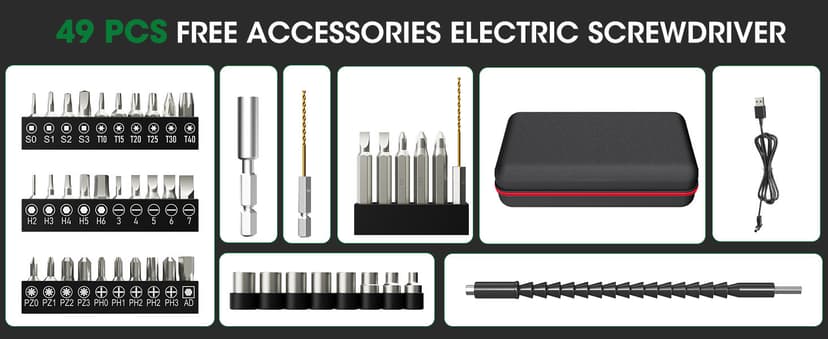 Electric Screwdriver Cordless Set, 3.6V Power Screwdriver Rechargeable with Light, Green Screw Gun with Pivoting Handle and Drill, 49 Pcs Accessories, 6+1 Torque Setting, 2000 mAh Battery