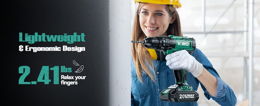 KIMO Hammer Drill - 20V 2X Battery Hammer Drill Cordless Drill Set, 350 In-lb Torque, 3/8" Keyless Chuck, 1350 RPM, 21+3 Position,14pcs Drill/Driver Bits, Power Drill Drivers for Concrete Brick Wall