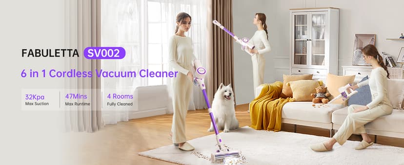 FABULETTA Cordless Vacuum Cleaner for Home, 500W Lightweight Vacuum Cleaner with MAX 50 Min Detachable Battery, Brushless Motor, 6 in 1 Stick Vacuum for Hardwood Floors and Carpet Pet Hair Car(Purple)