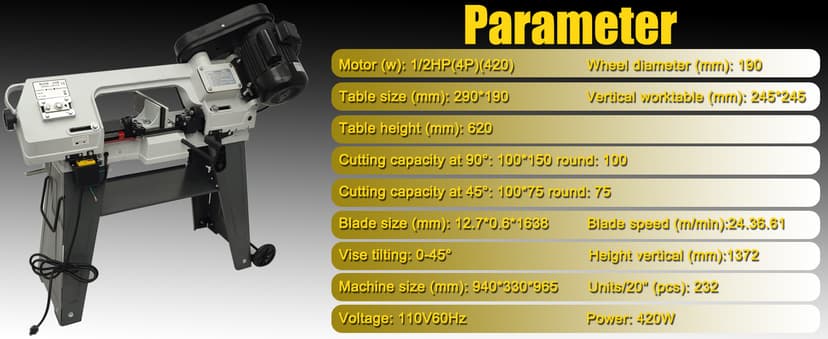 110V Horizontal Vertical Bandsaw 1/2HP 420W Bench Top Metal Cutting Bandsaw Machine with 100x150mm Cutting Capacity Tilting Vise 0-45° Casters Work Light for Metal & Non-Metallic Materials