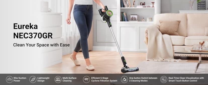 Eureka Lightweight Cordless Stick Vacuum Cleaner Convenient for Hard Floors, Rechargeable Handheld Vacuum Cleaner Portable with Powerful Motor Efficient Suction, RapidClean Ultra NEC370GR, Moss Green