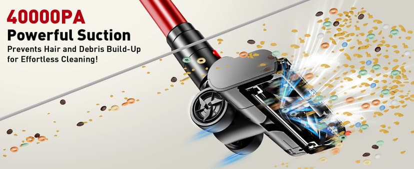 Cordless Vacuum Cleaner, 8-in-1 Vacuum Cleaners for Home, 45Mins Runtime, Anti-Tangle Stick Vacuum with LED Display, Rechargeable Lightweight Vacuum for Pet Hair/Carpet/Floor (Red)
