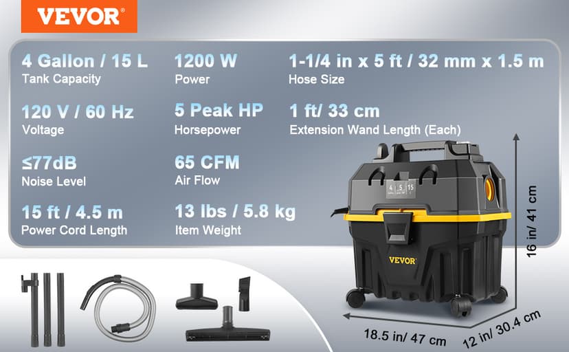 VEVOR Wet Dry Vac, 4 Gallon, 5 Peak HP, 3 in 1 Shop Vacuum with Blowing Function Portable Attachments to Clean Floor, Upholstery, Gap, Car, ETL Listed, Black/Yellow